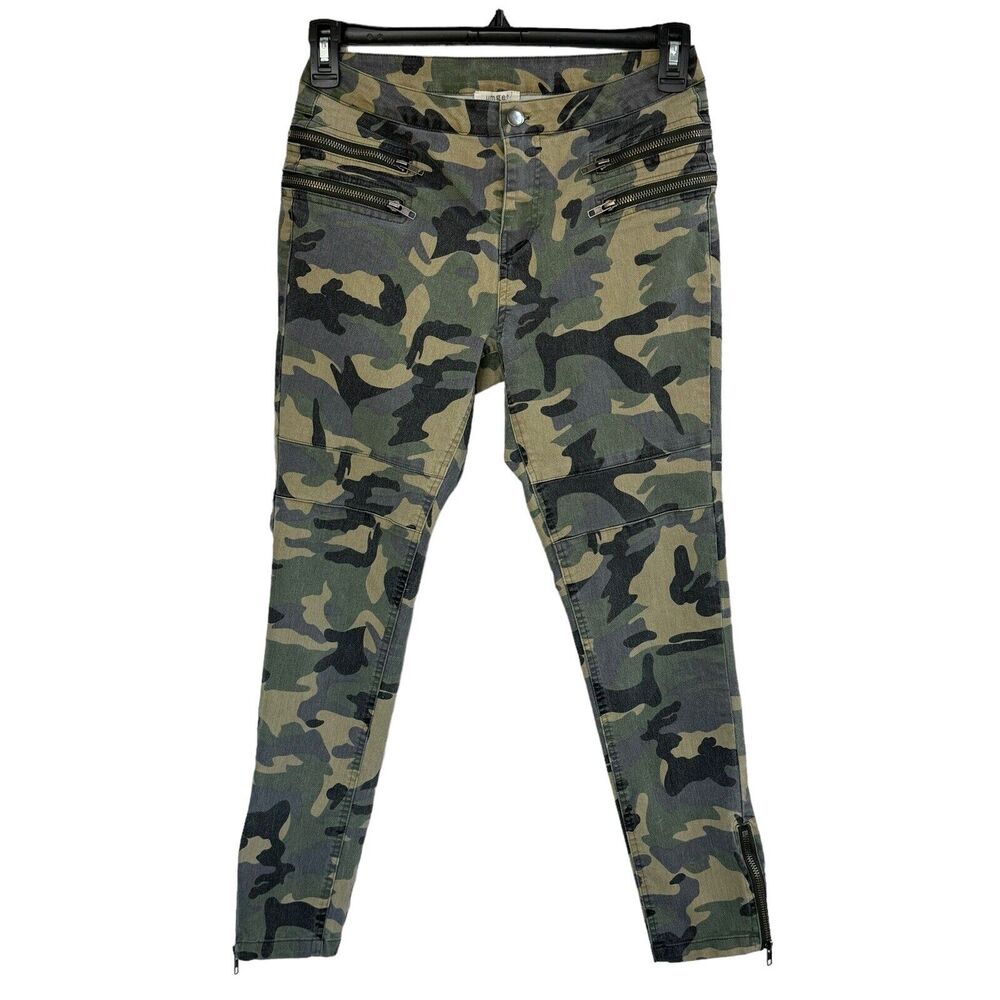 Umgee Small Skinny Pants Camo Stretch Pockets Mid-Rise Side Ankle Zippers Green